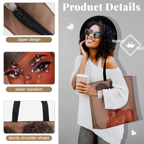 African American Women Tote Bag Black Shoulder Handbag For Women Fit Work Beach Labtops With Zip - color: Black Women 27