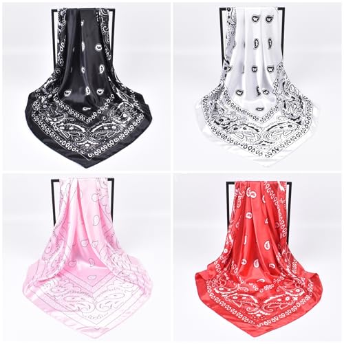 Ciormis 35" Silk Head Scarf for Women, 4 Pcs Satin Hair Scarf Square Silk Bandana Top Neck Scarves Hair Wraps for Sleeping - color: J1-cashew-set3