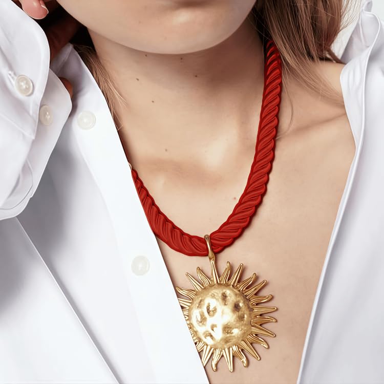 Exquisite Gold Sun Pendant Red Rope Necklace - Retro Round Coin Necklace - Ladies