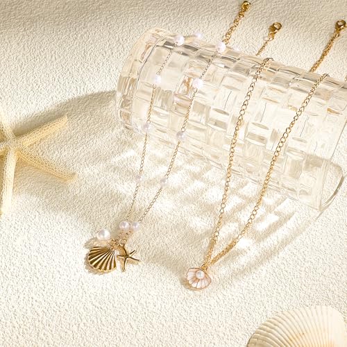 MEDOJO 17 Pcs Beach Jewelry for Women Seashell Starfish Earrings Rings Boho Summer Beach White Anklet Set Summer Jewelry Set