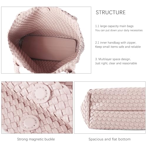 Hand Woven Bag Tote BagS For Women Top Handle Shoulder Vegan Leather Large Travel Beach Hobo Handbag - color: Pink