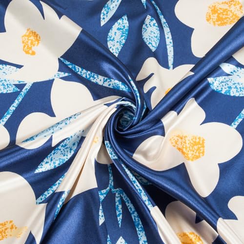 RIIQIICHY Head Scarf for Women Like Silk Scarf Hair Scarf Printed Square Scarf Bandanas for Women 35 Inches - color: Dark Blue/Ivory/Gold