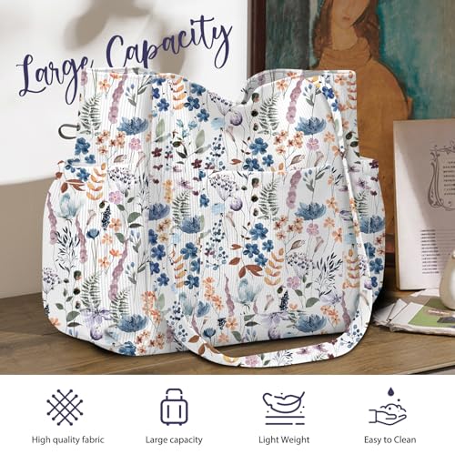 Corduroy Tote Bag for Women,Large Capacity Cute Tote Bags With 6 Pockets,Crossbody Shoulder Handbag for Work Travel Gym - color: Blue Watercolor Flowers