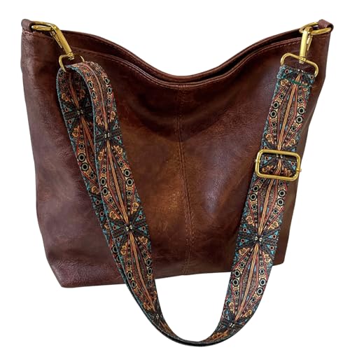 Hobo Bags for Women Crossbody Bag Guitar Strap Purse Vegan Leather Shoulder Handbags Boho Purses Tote Bucket Bag - color: Coffee