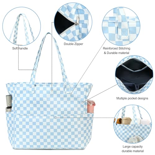 Bluboon Waterproof Beach Tote Pool Bags for Women Ladies Extra Large Carry On Bag With Wet Compartment for Weekender Travel - color: Blue White Checked