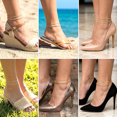 Tyqour 6PCS Ankle Bracelets for Women Gold Anklets for Women Waterproof Gold Women's Anklets Adjustable Size Dainty Summer Beach Jewelry Gift for Women Teen