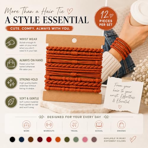 Elm City Direct 12pcs Hair Tie Bracelets, Boho Hair Ties for Women, Elastic Bands for Ponytails (Burgundy) - color: Burgundy