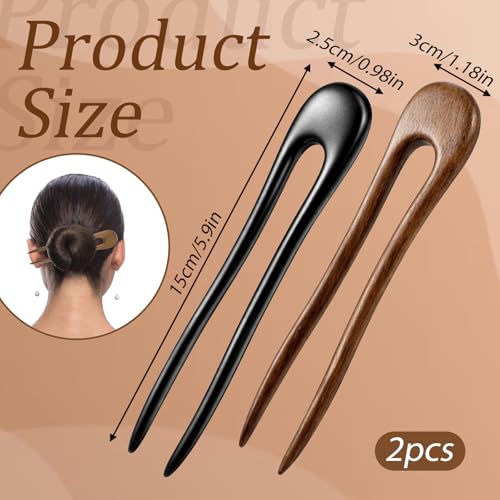 2 Pack U Shaped Hair Pins with Two Prongs Hair Clips for Buns, Wooden Hair Forks, French Hair Pin, Wooden Hair Fork for Women, Valentines Wedding Prom Decorative accessories