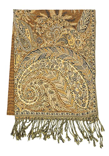 Achillea Reversible Paisley Pashmina Rave Scarf – Exotic Indian Shawls and Wraps for Evening Dresses, Festivals, All Seasons - color: Big Paisley Golden Brown