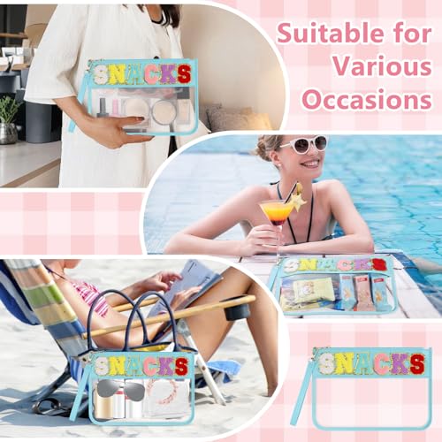 Clear Snack Bag for Travel, Chenille Letter Clear Zipper Snacks Pouch Nylon Cosmetic Bag Makeup Travel Bag for Women - color: Blue