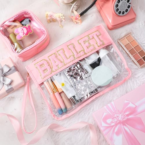 Hillban 2 Pcs Ballet Gifts Chenille Letter Bags Makeup Cosmetic Bags Toiletry Travel Flat Pouch Preppy Patch Clear Purse PVC Waterproof Organizer Storage Case Gifts for Team Girls Women - style: Ballet Theme
