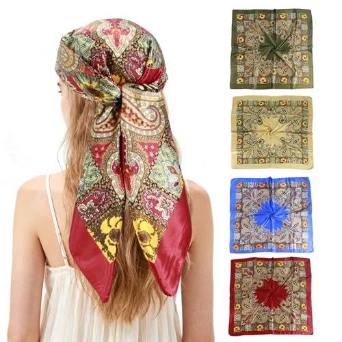 Ciormis 35" Silk Head Scarf for Women, 4 Pcs Satin Hair Scarf Square Silk Bandana Top Neck Scarves Hair Wraps for Sleeping - color: M1-cashew-set15