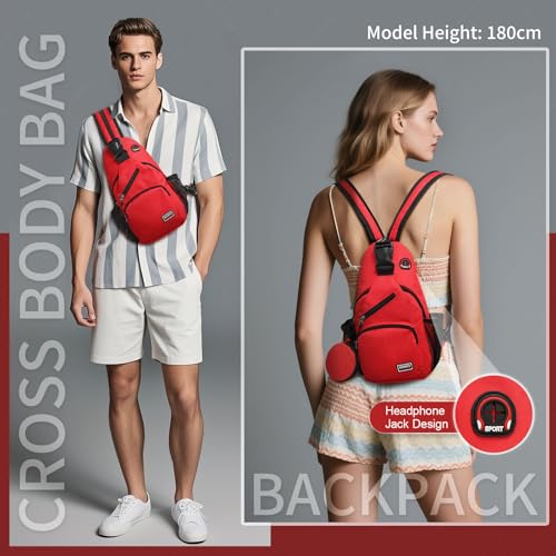 Convertible Sling Bag with Coin Pocket, 7.9" Tablet Crossbody Mini Backpack with Headphone Jack Casual Pack for Women Men Travel, Red - color: Red, size: Small