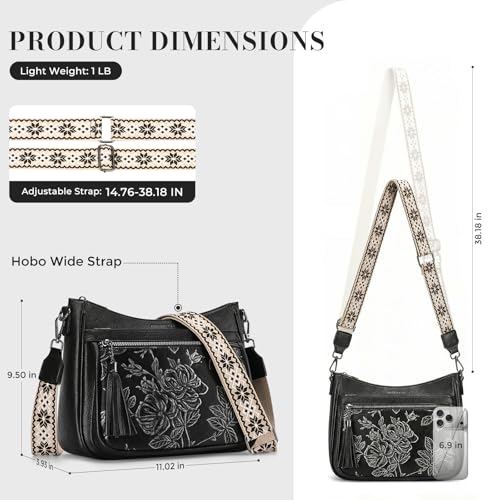 Crossbody Bags for Women, Vegan Leather Medium Crossbody Purse, Spacious Daily Travel Shoulder Bag with Boho Strap - color: Black Silver