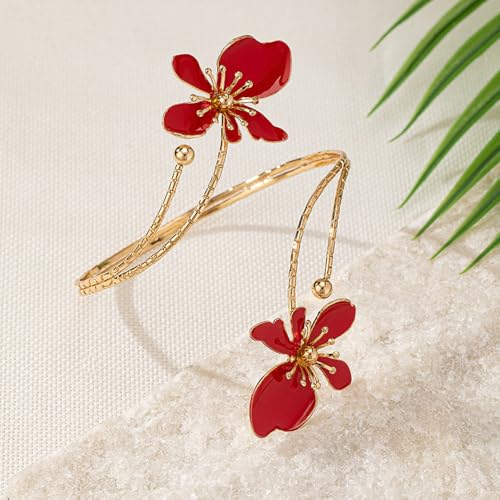 Flower Arm Cuff Bracelets for Women Adjustable Gold Upper ArmBand Jewelry Boho Floral Open Wrap Statement Bangle Bracelet Arm Cuff Jewelry Gifts for Women - color: Red