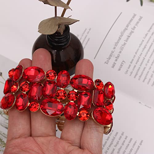 Women’s Wedding Bridal Crystal Leaf Flower Stretch Bangle Elastic Wide Bracelet Jewelry for Brides Bridesmaid - color: Red-Gold Plated