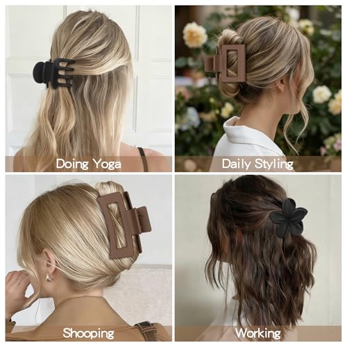8 Pcs Neutral Matte Hair Claw Clips Set, Strong Hold Non-Slip Jaw Clips for Women Girls, Rectangle & Flower Design Hair Clips for Thick/Thin Hair, Daily & Styling Accessories（Black） - color: Black