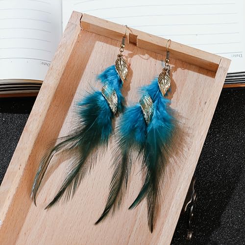 Feather Earrings for Women Bohemian Fringe Tassel Long Drop Dangle Earrings Lightweight Boho Statement earrings - color: blue
