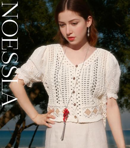 Noessla Boho Long Pendant Necklaces for Women Silver Tassel Long Necklace Sweater Chain Mothers Day Gifts Silver Costume Jewelry for Women - color: Red