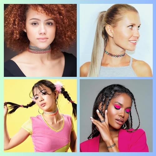 BodyJ4You 12PC Tattoo Choker Necklace for Women - 90s Choker Necklaces Y2K Fashion Trendy Vintage - Emo Black Choker Rainbow Pink White Purple Neon Green Blue Daisy Flower - color: Aqua, Clear, Pink