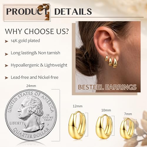 BESTEEL 3Pairs 14K Gold Plated Hoop Earrings Set for Women Chunky Earring Silver Plated Hypoallergenic Small Huggie Hoops Lightweight Tiny Thick Trendy Hoop Earrings Stacks for Multiple Piercing - color: 14k gold plated