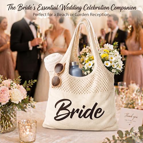 Shinylin Personalized Crochet Tote Bag for Beach Women Beige Mesh Knit Shoulder Bag Boho Aesthetic Tote for Women - style: Bride