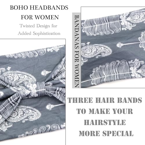 Boho Headbands Wide knotted Hair Bands Vintage Printing Bandeau Stretchy Non-slip Cotton Headband Sport Yoga Hair Accessories for Women and Girls (Pack of 3) - color: Color-1