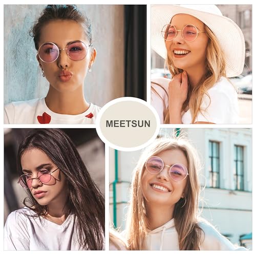 MEETSUN Small Round Polarized Sunglasses for Men Women Metal Retro Hippie Circle Sun Glasses Driving Festival Cosplay UV400 - color: Gold / Pink