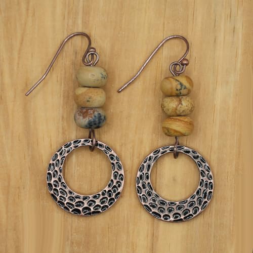 Boho Earrings for women, Hammered Copper Earrings, Bohemian Beaded Gemstone Rustic Jewelry, African Opal Earrings Handmade - style: Hammerd Thick Hoop