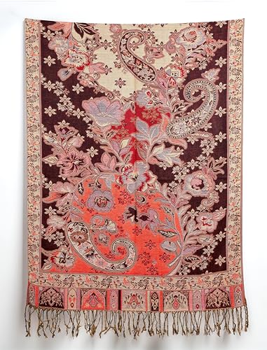 Achillea Elegant Paisley Floral Pashmina Shawl and Wrap – Boho Rave Scarf for Festival, Travel & Everyday Wear - color: Burgundy Burnt Orange