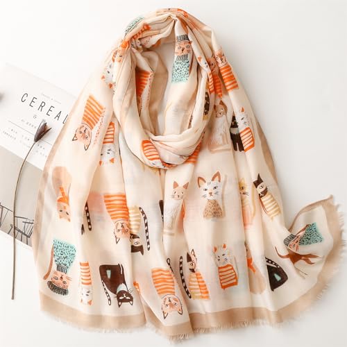 WaJuemy Travel Boho Scarf for Women Casual Lightweight Pashmina Scarves Fashion Multicolor Shawl Wraps with Fringed Beads - color: 22 Khaki Cat
