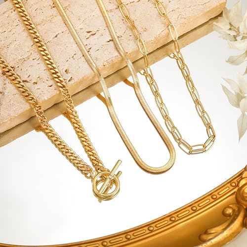 CHESKY Layered Necklaces for Women, 14K Gold Plated Chain Necklace Women Trendy Cuban Link Paperclip Chain Toggle Clasp Necklace Fashion Chunky Jewelry for Women - style: chain3-gd
