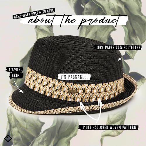 Funky Junque Straw Fedora Hats for Women - UPF 50+ Sun Hat, Short Brim Packable Beach Hat with Woven Pattern - color: Black/Natural