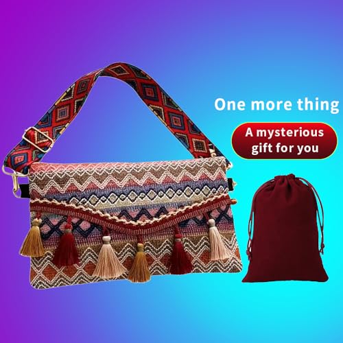 Boho Embroidery Crossbody Bags For Women Travel With Tassel Trim, Fanny Packs For Women, Tribal Pattern, Multi-Color Geometric Design, Decorative Fringe Cell Phone Bag(Red Rose) - color: Red Rose