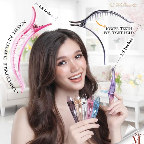 RC ROCHE 6 Pcs Duck Bill Alligator Hair Clips for Women Sectioning Flat Claw Long Thick Hair Inner Teeth Curved Styling Jaw Strong Secure Grip Salon, Medium Transparent - color: (Medium) Transparent