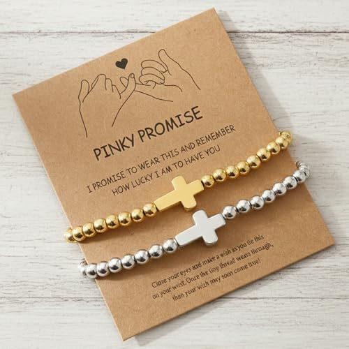 Matching Bracelets for Couple,Gold Silver Beaded Heart Couples Bracelets,Raomantic Relationship Promise Jewelry Gifts for Her - color: Cross