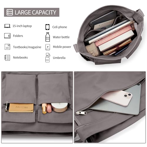 KALIDI Canvas Tote Bag Large Hobo Crossbody Shoulder Handbag Zipper Messenger Bag for Women or Men Casual College Work - color: Upgraded Grey