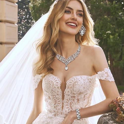 IRONBOX Crystal Wedding Bridal Jewelry Set for Women Prom Sliver Rhinestone Teardrop Necklace Earrings Bracelet Wedding Bridesmaid Gifts Fit with Wedding Dress