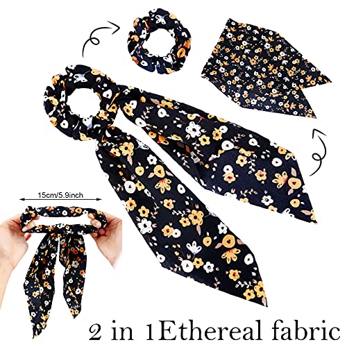 Chuangdi 10 Pcs Hair Scrunchies Hair Scarf with Ribbon Bunny Ears Chiffon Floral Bow Ponytail Holder Boho Elastic Floral Ropes 2 in 1 Vintage Accessories for Women (Ditsy Print) - style: Ditsy Print