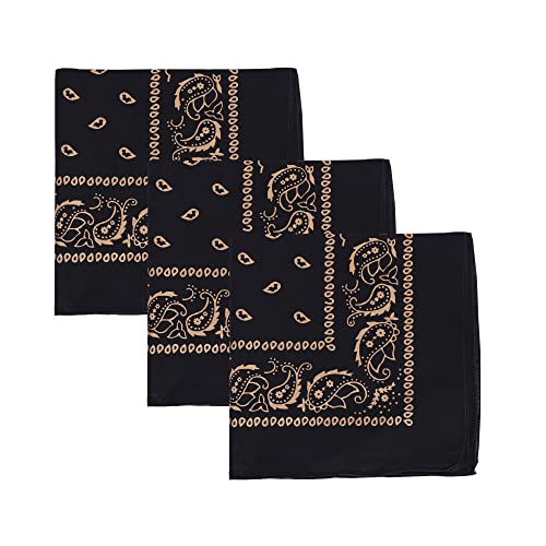 Motique Accessories Set of 3 Paisley Bandanas – 100% Cotton 22 Inch Head Scarf Neck Bandana Face Cover - color: Black Gold