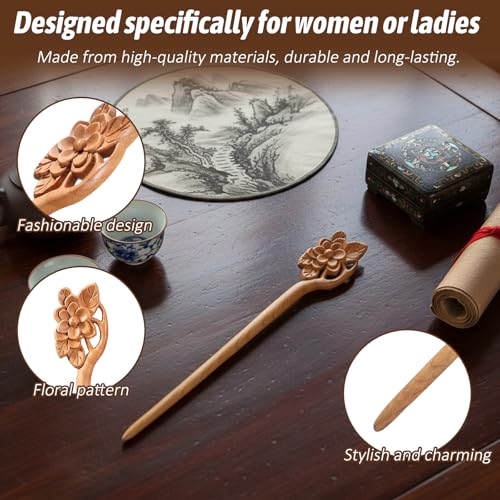 Wooden Hair Sticks, Retro Chinese Hair Chopsticks for Women, Flower Carved Wood Hairs Pins Ancient Wood Hairs Stick