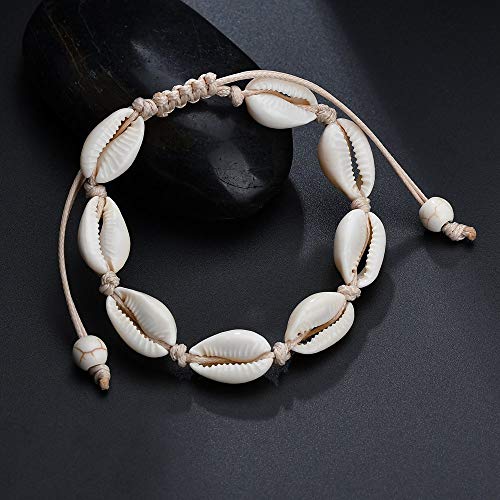 Fesciory Puka Shell Anklet for Women Summer Natural Cowrie Adjustable Ankle Bracelet, Handmade Boho Hawaiian Beach Seashell Jewelry - color: A1:Shell Anklet Beige Rope