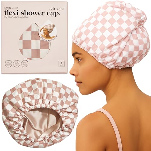 Kitsch Luxury Satin-Lined Flexi Shower Caps for Women Reusable Waterproof - Large Wide Shower Cap for Women & Men, Adjustable, Stylish Hair Cap for Showers, For Long & Short Hair - Terracotta Checker - color: Terracotta Checker