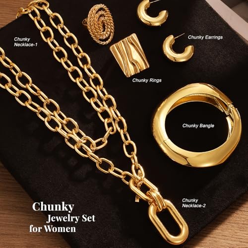 KISS WIFE Golden Jewelry Set for Women with Multi Layered Necklaces, Stackable Bracelets, Knuckle Rings, Hoop Earrings, Fashion Outfit Accessories Jewelry Packs Gifts for Women - style: Style 5