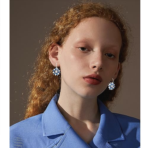 Unique Bohemian Vintage Sparkly Crystal Colorful Round Flower leverback earrings Boho Retro Bronze Circle Beaded Flower Floral Dangle Drop Earrings for Women - color: Blue snowflake