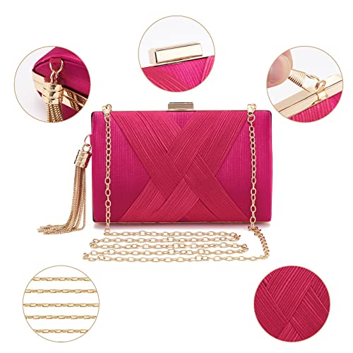 Women Clutch Bag Evening bag Fringed Evening Handbag,Lady Party Wedding Clutch Purse Chain Shoulder Cross Body Bag - color: Rose Red