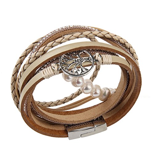 GelConnie Leather Cuff Bracelet Baroque Pearl Wrap Bracelet Gorgeous Gold Tube Bangle Boho Bracelet Bohemian Wristband Jewelry Gift for Women Wife - color: Tree Of Life Leather Bracelet