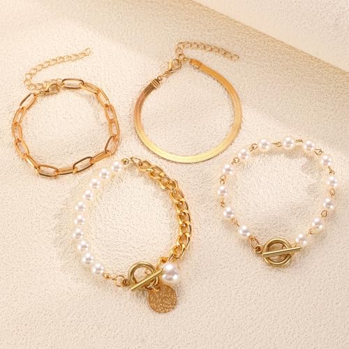 Alegend Titanium Steel (Not Rust, Resist Corruption, Easily Clean) 18K Gold Plated Single Bracelets + 14K Gold Plated Stackable Multilayer Bracelets - style: 14KGold & Pearl Layered