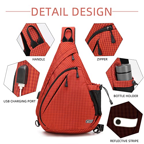 TurnWay Water-Proof Sling bag/Crossbody Backpack/Shoulder Bag with USB Charging Port for Travel, Hiking, Cycling, Camping - color: Orange Grid