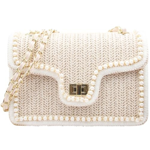 Women Shoulder Bag, Flap Crossbody Bag for Girls Stylish Evening Purse with Pearls Decor - size: Large